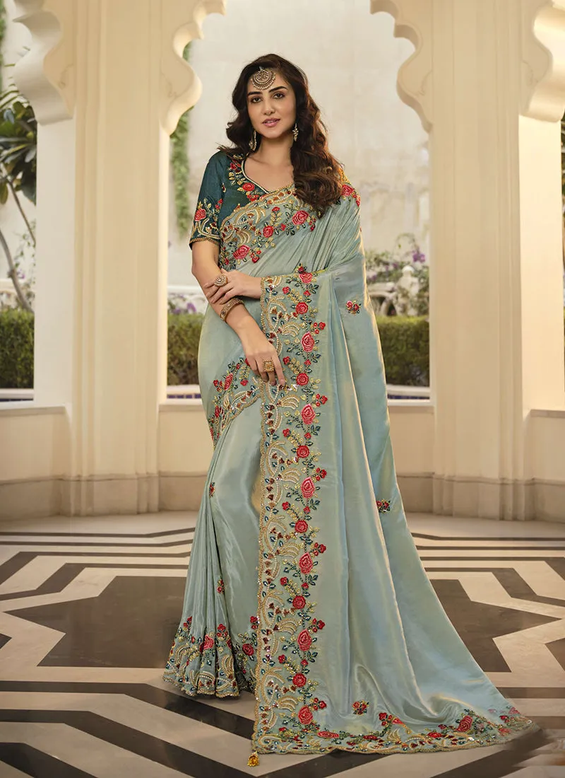 Grey Embroidered Designer Party Wear Saree