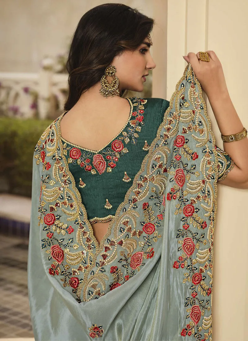 Grey Embroidered Designer Party Wear Saree