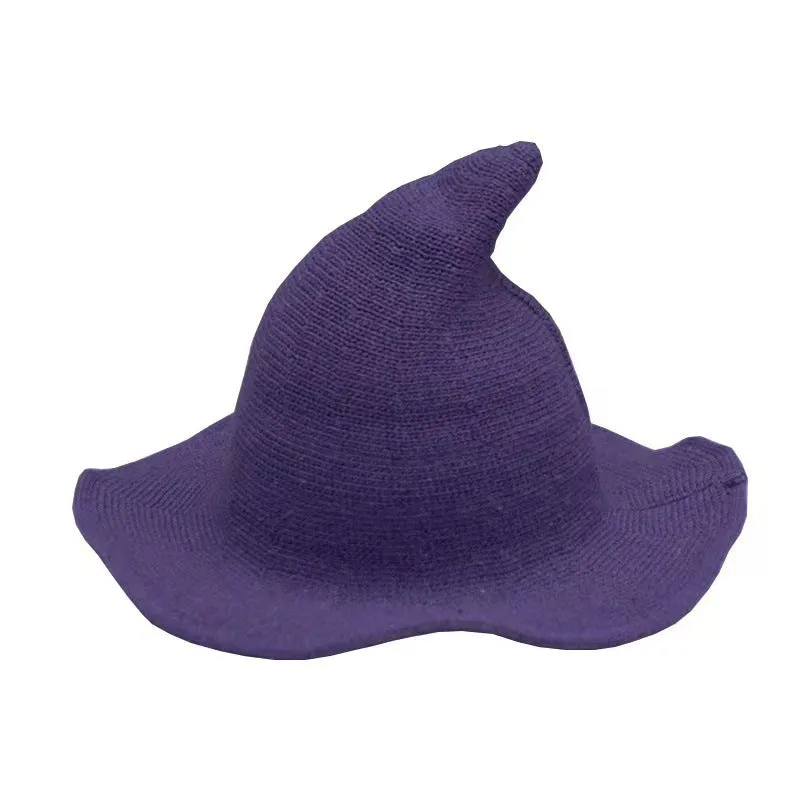 Halloween cotton yarn knitted wizard hat foldable black pointed witch hat girl wide brim costume cosplay party hat