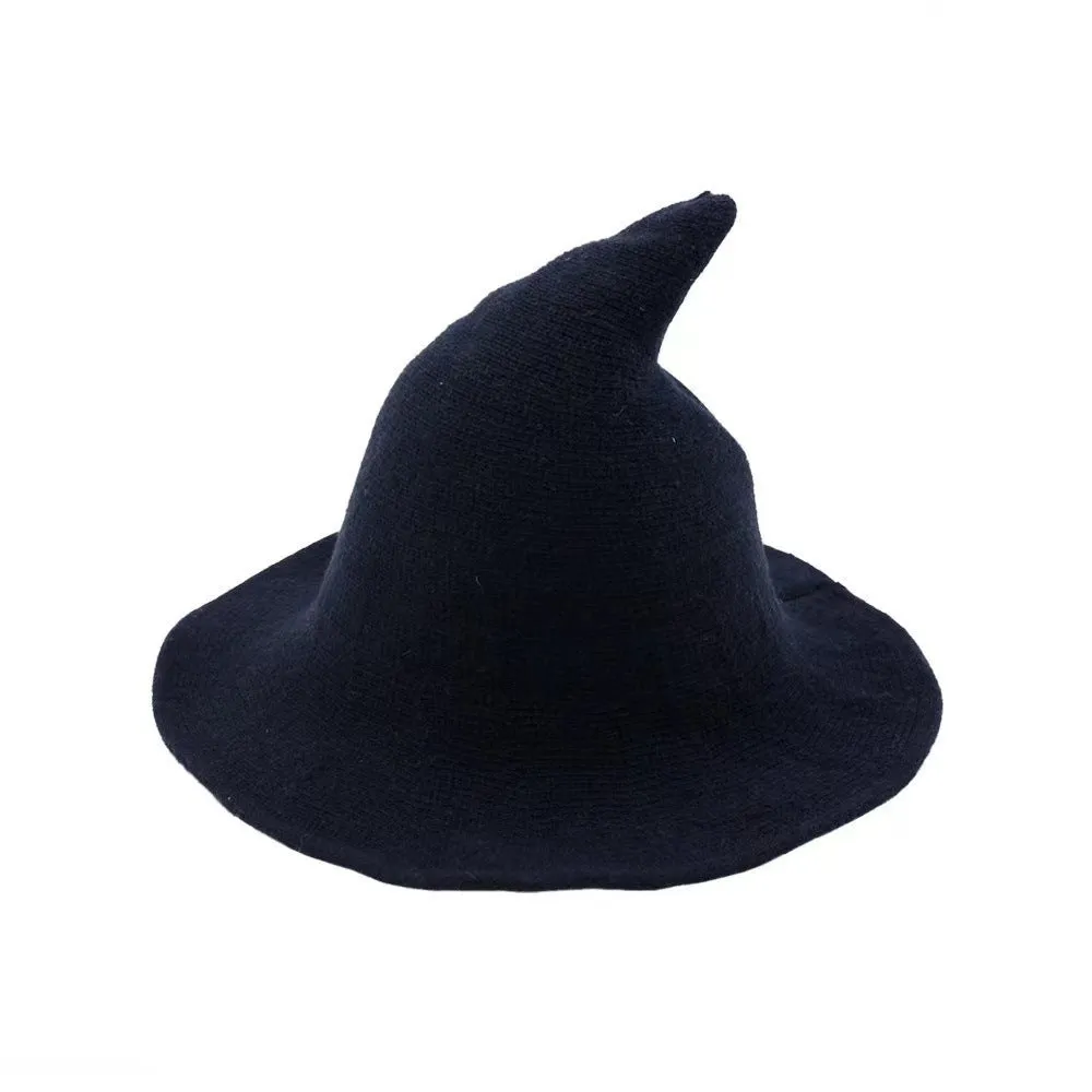 Halloween cotton yarn knitted wizard hat foldable black pointed witch hat girl wide brim costume cosplay party hat