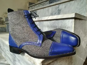 Handmade Mens Blue Tweed & Leather Boot, Men's Ankle High Lace Up Formal Boots