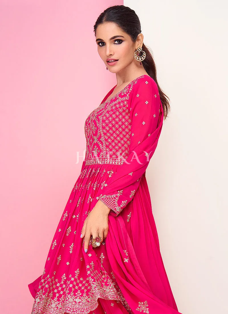 Hot Pink Embroidered Peplum Style Georgette Anarkali Lehenga