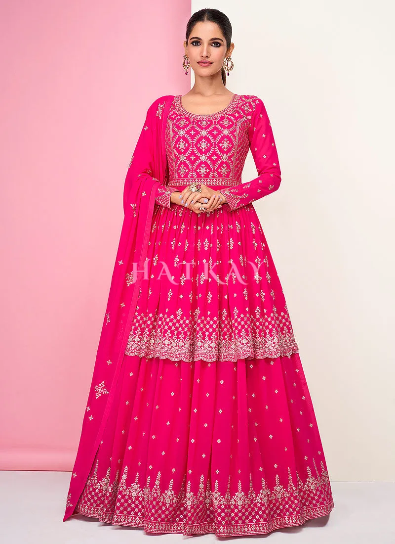 Hot Pink Embroidered Peplum Style Georgette Anarkali Lehenga