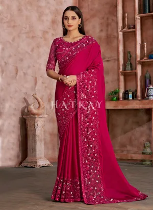 Hot Pink Embroidered Wedding Wear Indian Saree