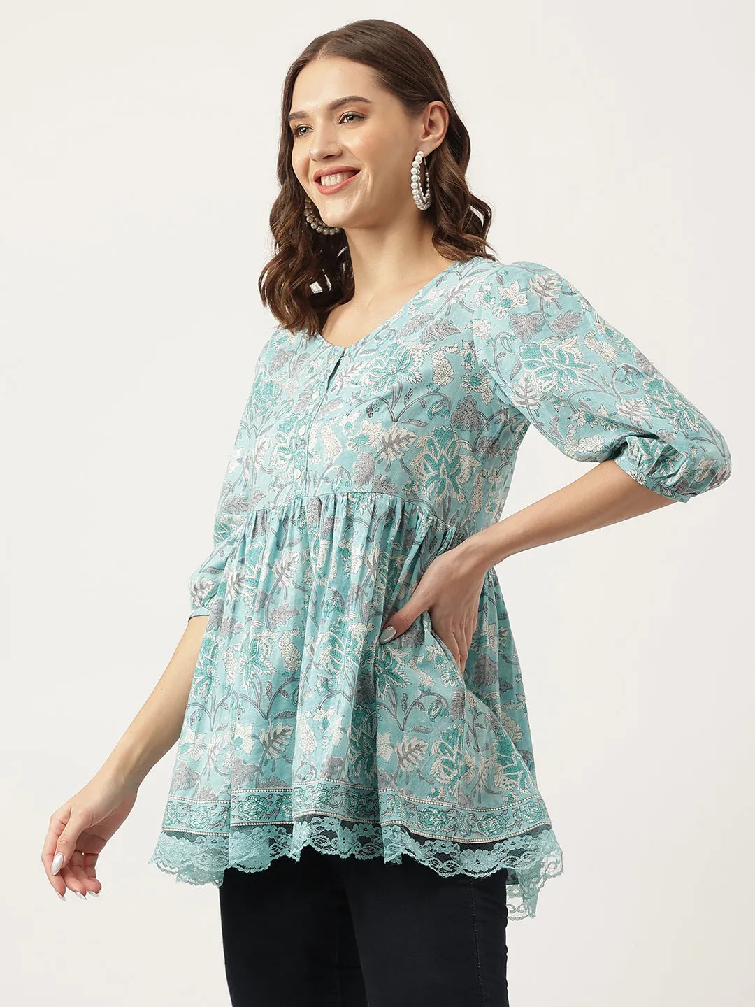 Jashvi Light Blue Floral Printed Cotton Peplum Fit Top