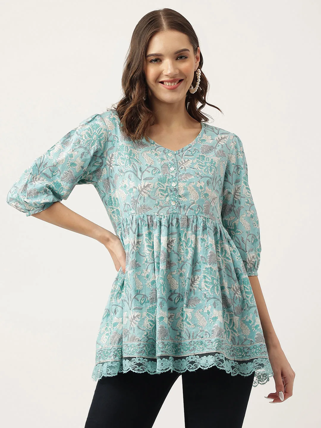 Jashvi Light Blue Floral Printed Cotton Peplum Fit Top