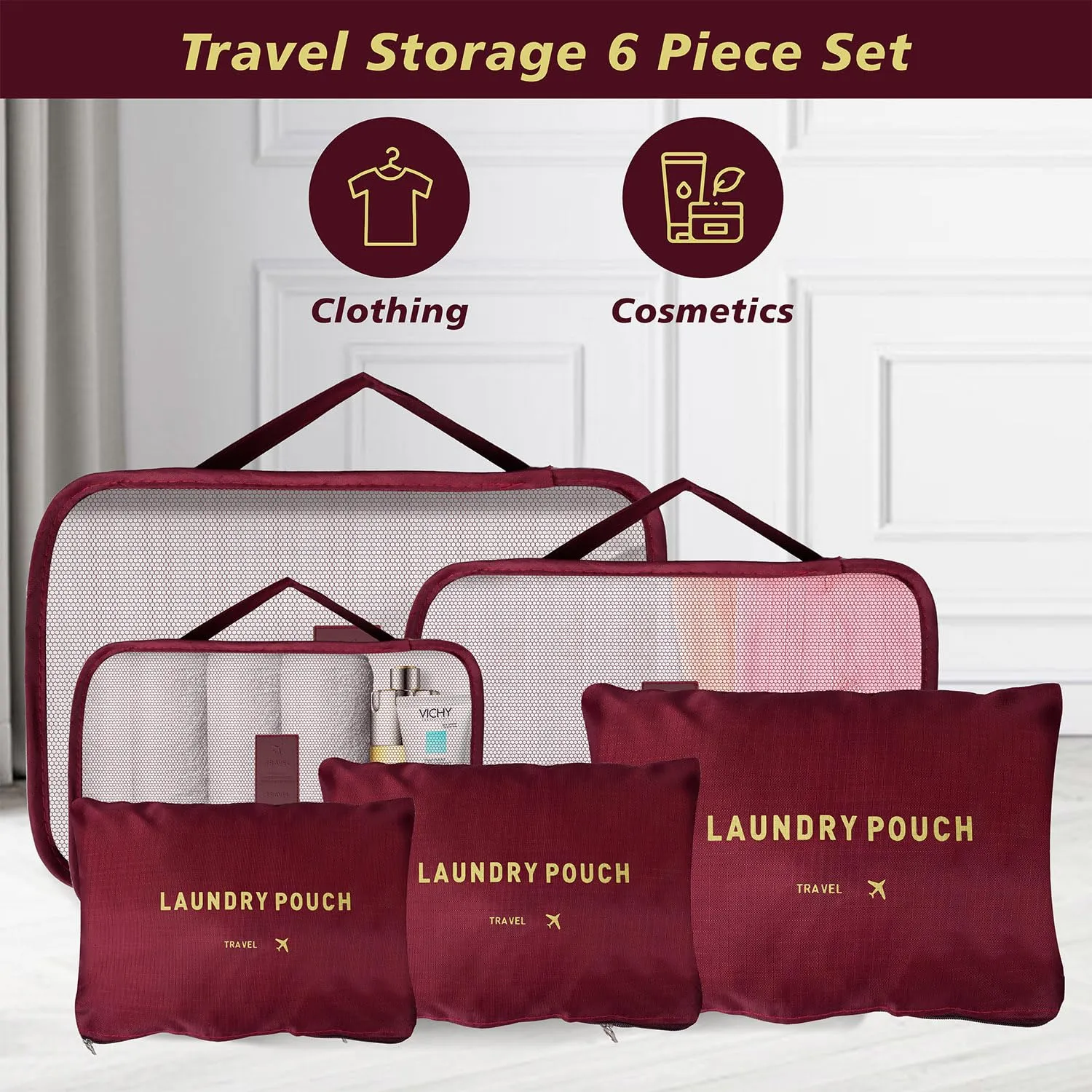 Kuber Industries 24 Pcs Travel Luggage Bag | Toiletry Bag for Jewellery-Watches-Bracelets | Multi-Purpose Storage Bag with Handle | Travel Utility Storage Pouches | LYN16-MRO | Maroon| Pack of 4