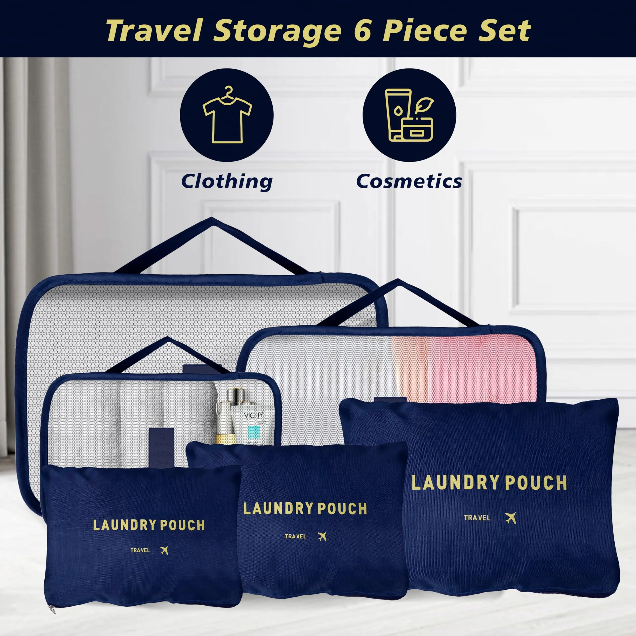 Kuber Industries 24 Pcs Travel Luggage Bag | Toiletry Bag for Jewellery-Watches-Bracelets | Multi-Purpose Storage Bag with Handle | Travel Utility Storage Pouches | LYN16-NVY | Navy Blue | Pack of 4