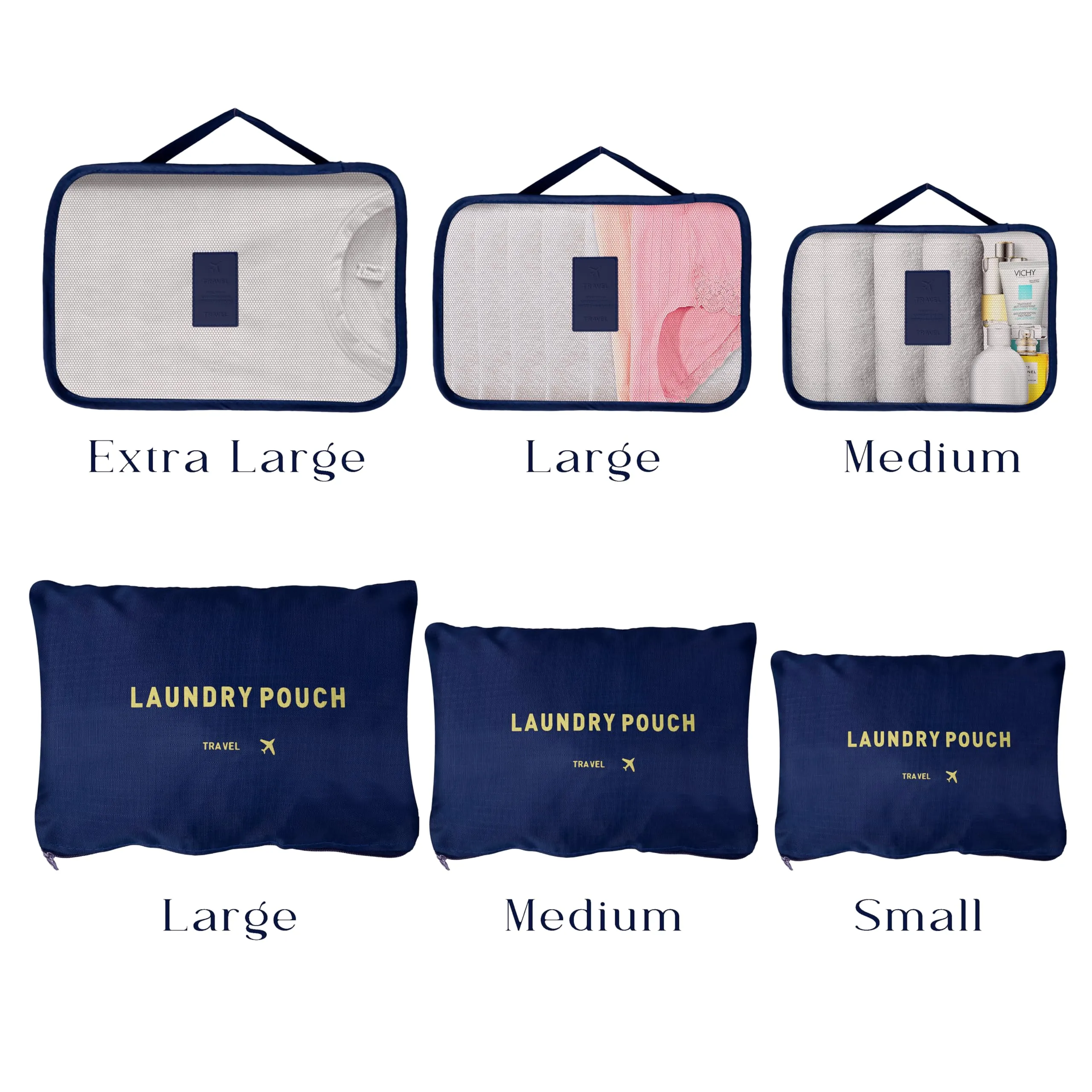 Kuber Industries 24 Pcs Travel Luggage Bag | Toiletry Bag for Jewellery-Watches-Bracelets | Multi-Purpose Storage Bag with Handle | Travel Utility Storage Pouches | LYN16-NVY | Navy Blue | Pack of 4