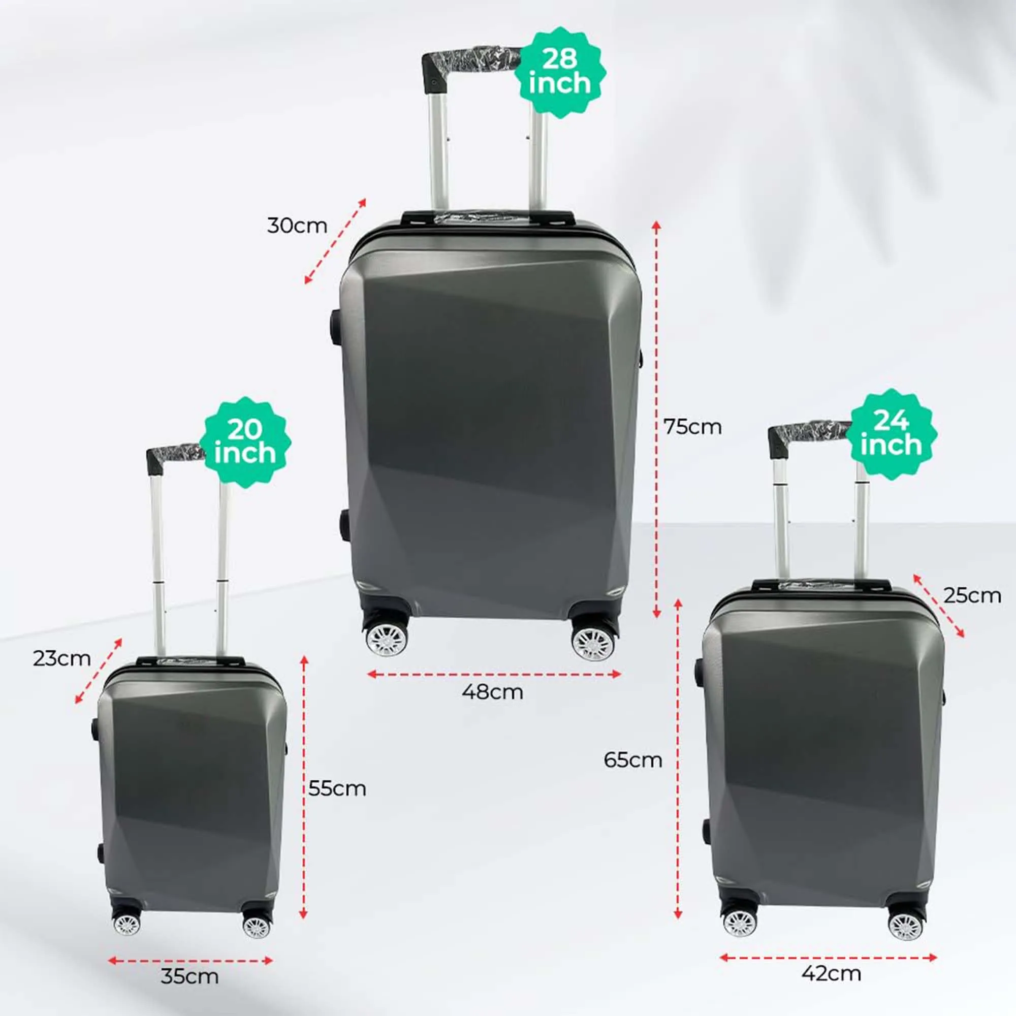 Kuber Industries Set of 3 Lightweight 20inch, 24inch, 28inch Cabin Trolley Bags with 360 Degree Wheels | Expandable Carry-On Cabin Luggage Suitcase | Bags for Travel | 60053PCGRY-Grey