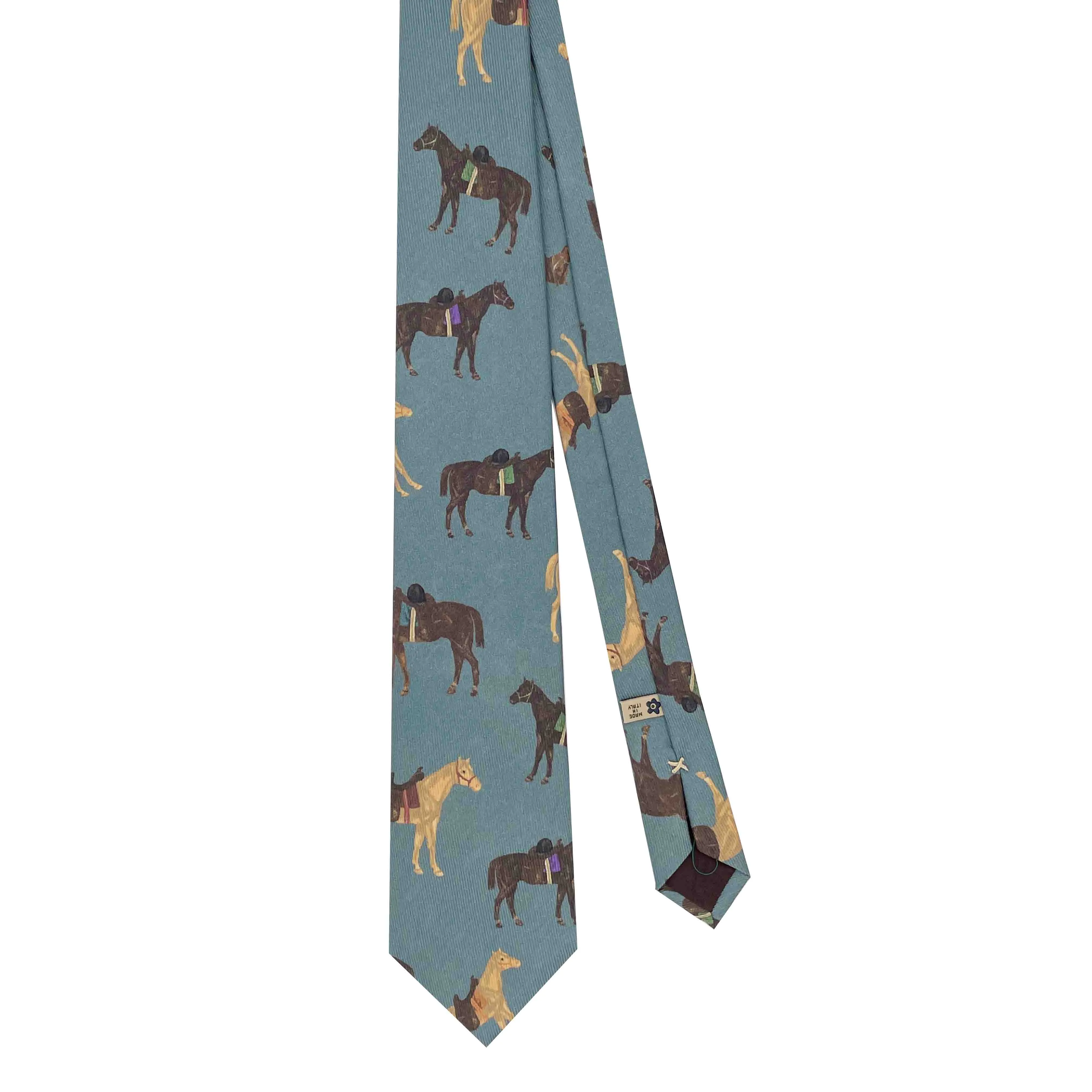 Light blue horse printed silk hand made tie