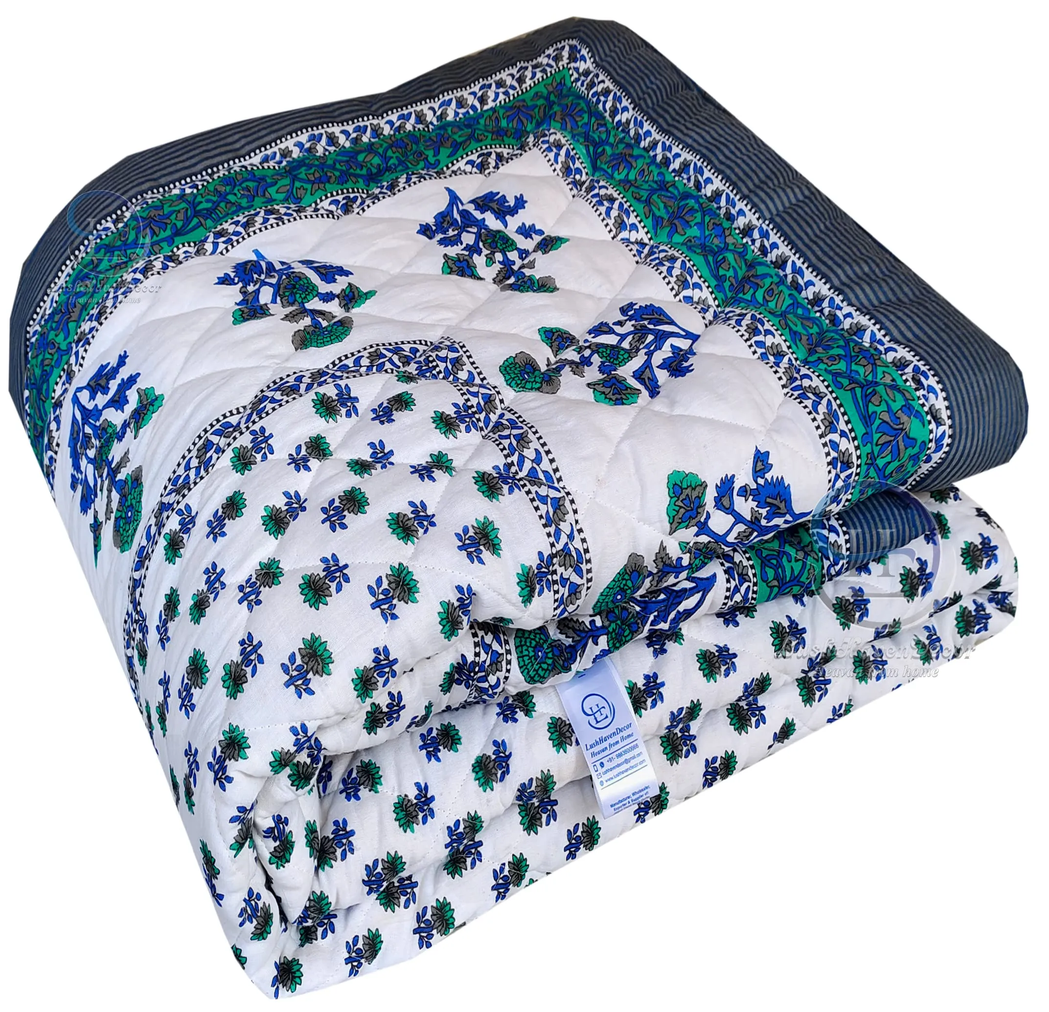 LushHavenDecor Jaipuri Razai Double Bed Computerized Quilting Soft and Breathable Cotton Comforter Quilt Rajai Blanket Dohar Size 85X100 inch Blue Pack of 1