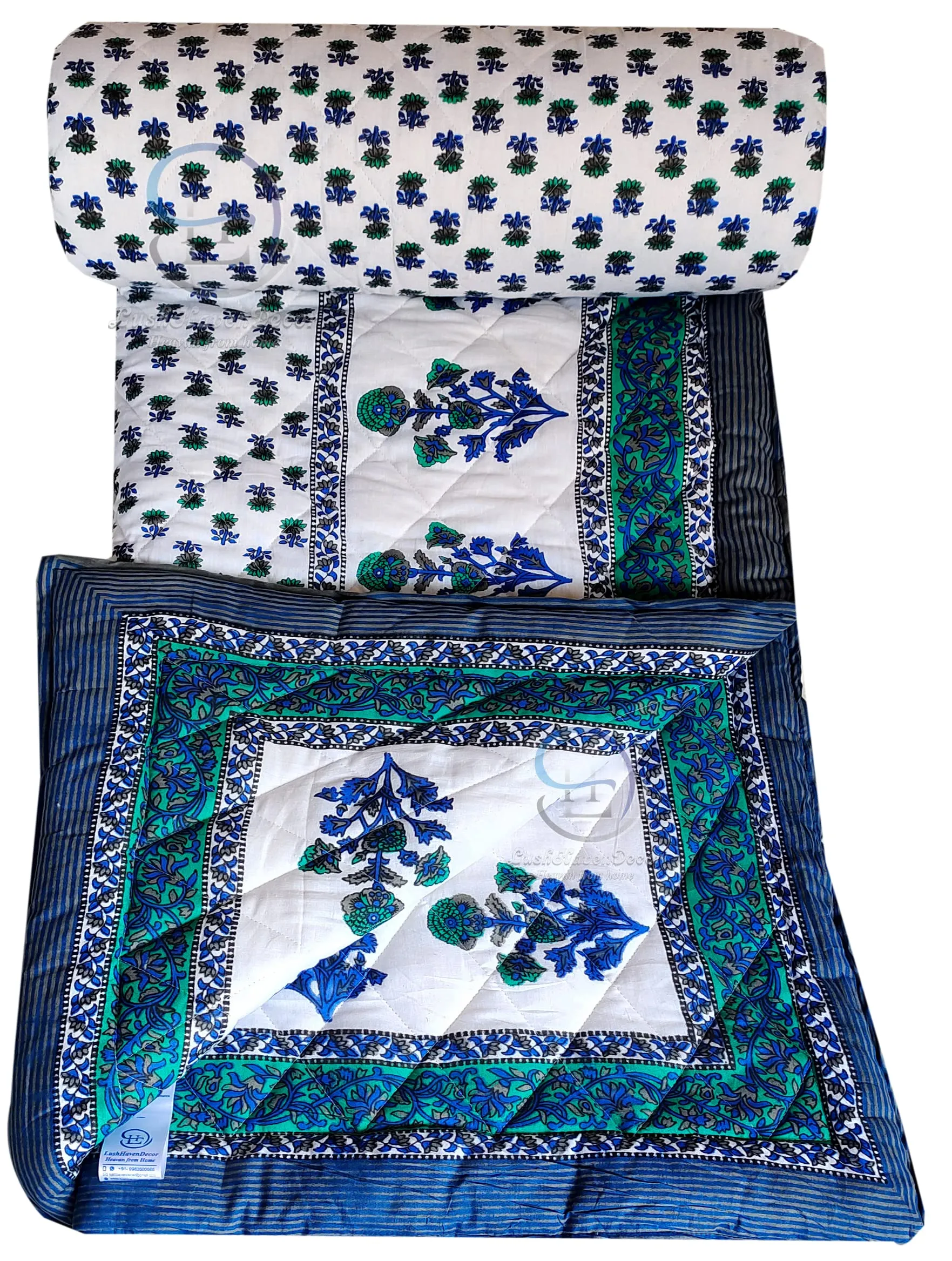 LushHavenDecor Jaipuri Razai Double Bed Computerized Quilting Soft and Breathable Cotton Comforter Quilt Rajai Blanket Dohar Size 85X100 inch Blue Pack of 1