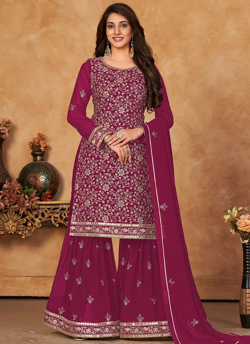 Magenta Embroidery Festive Gharara Style Suit