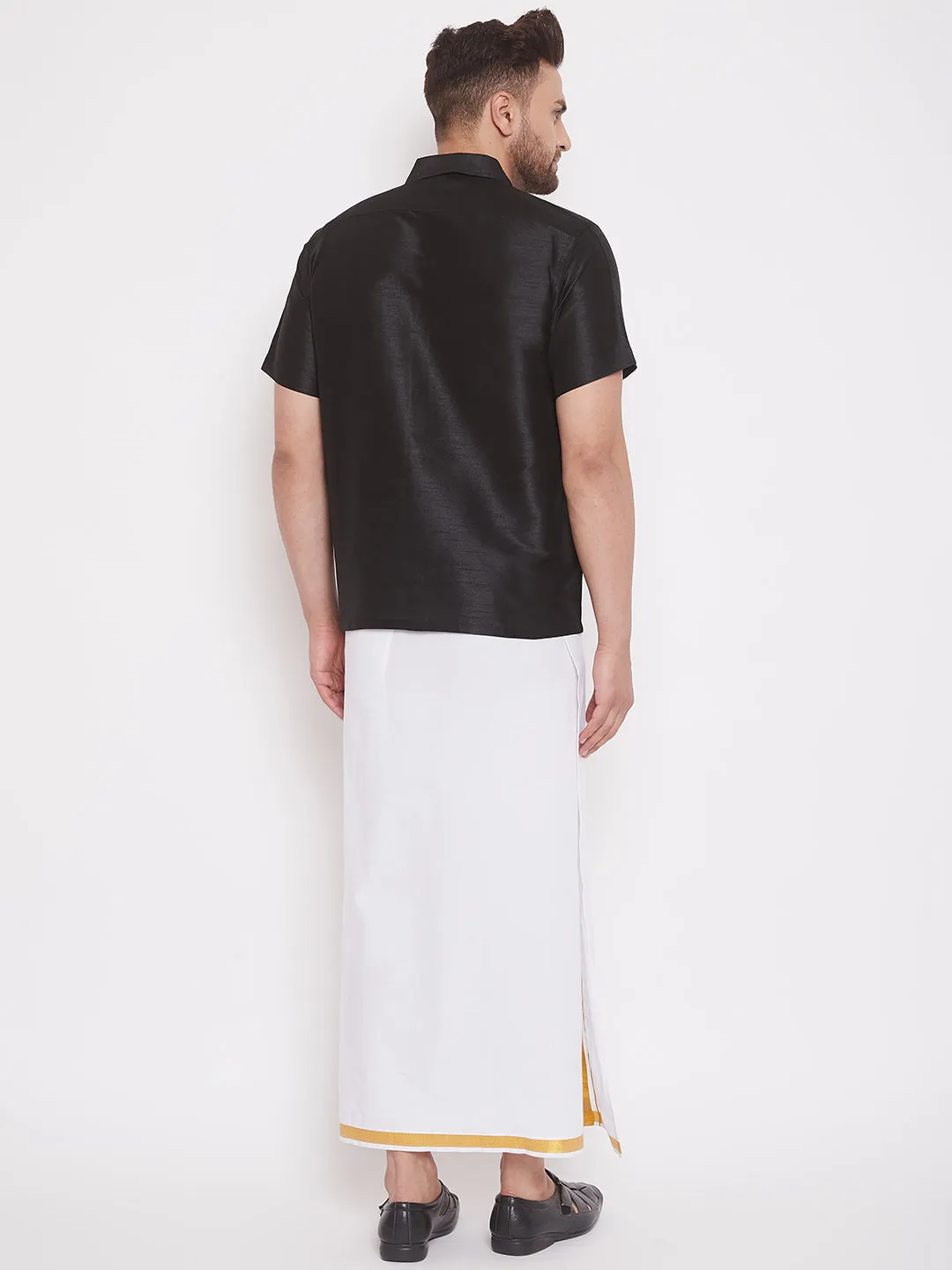 Men's Black And White Silk Blend Shirt And Mundu - Vastramay