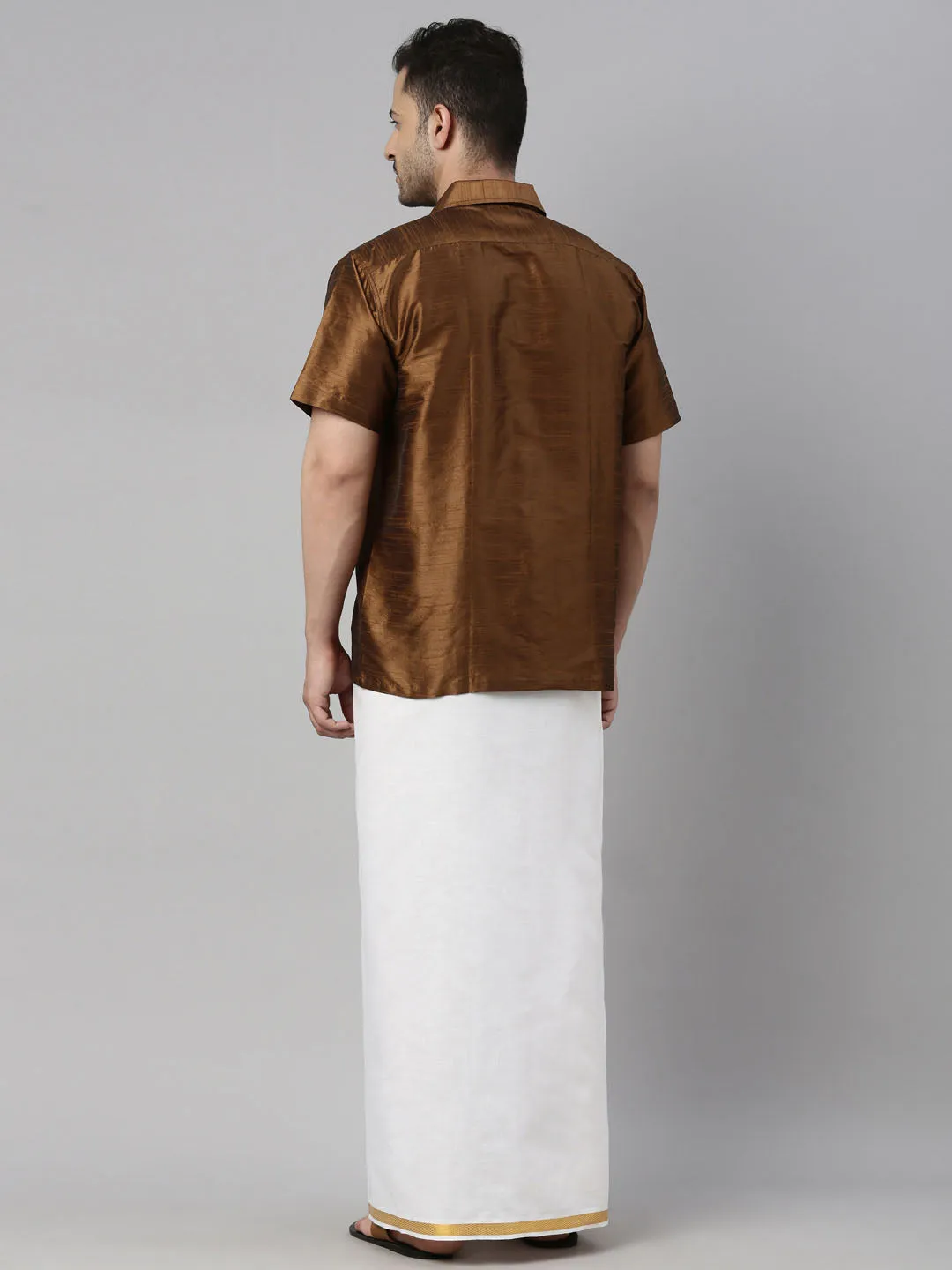 Men's Coffee And White Silk Blend Shirt And Mundu - Vastramay