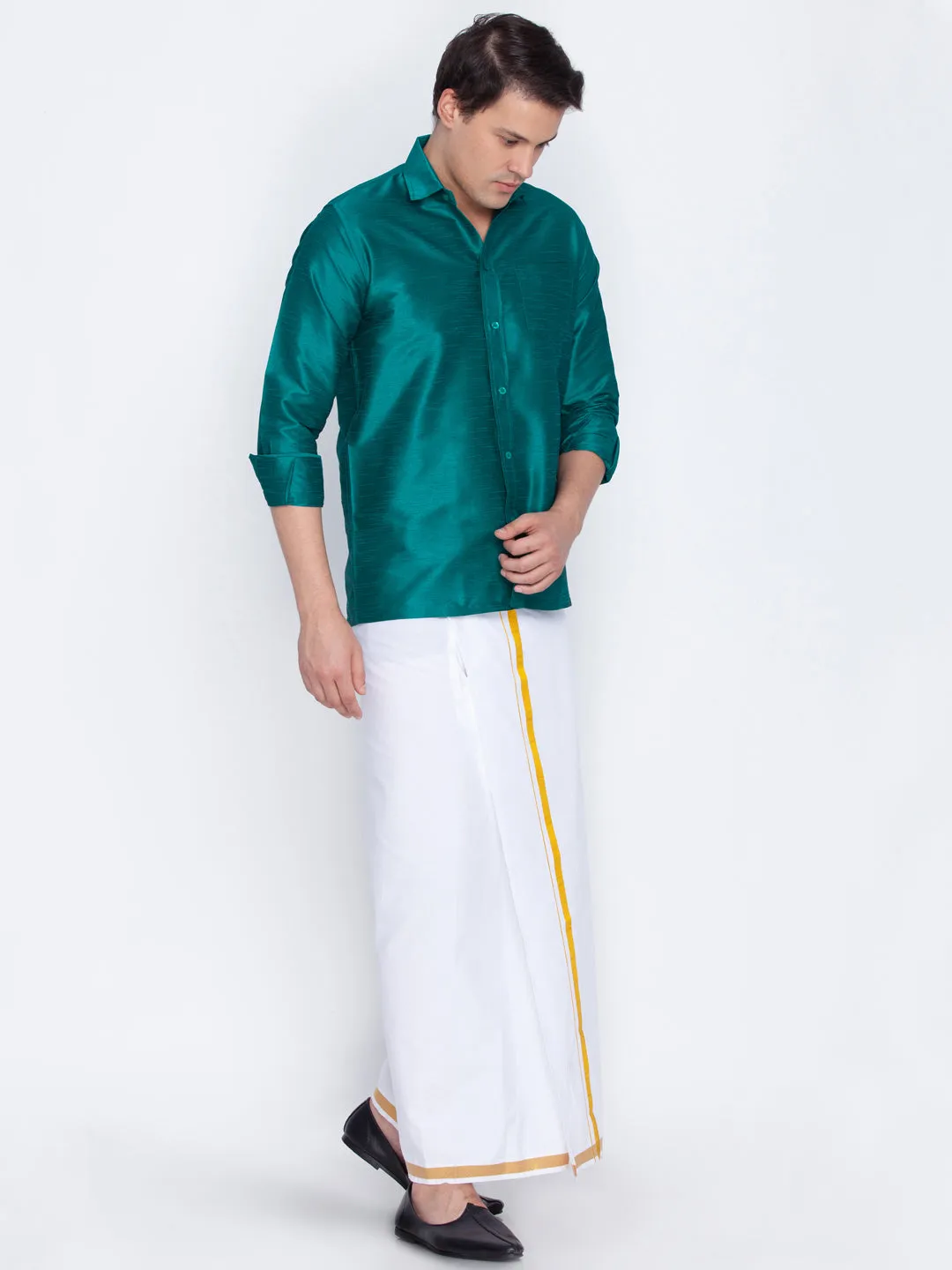 Men's Green And White Silk Blend Shirt And Mundu - Vastramay