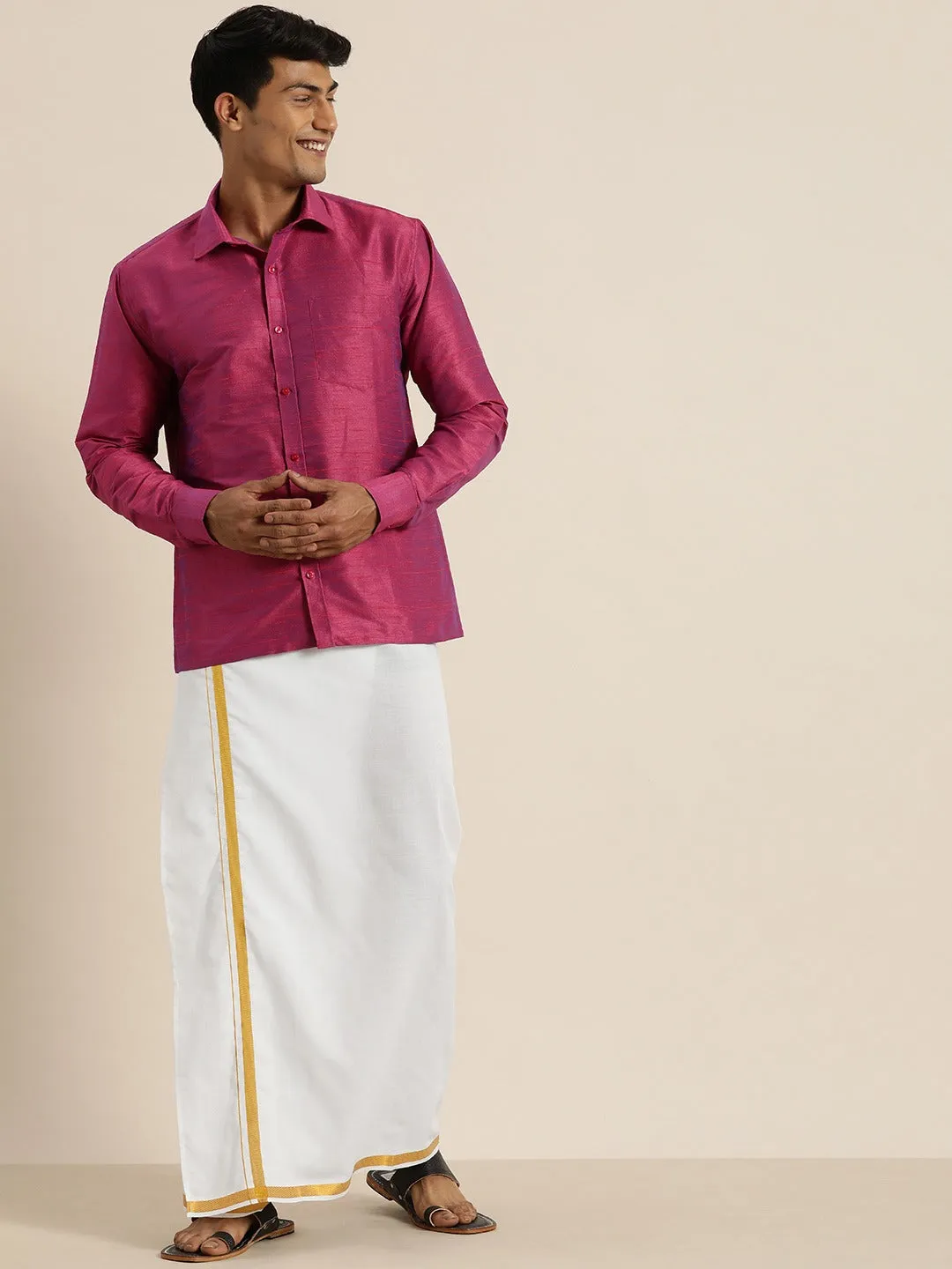 Men's Purple And White Raw Silk Shirt And Mundu - Vastramay