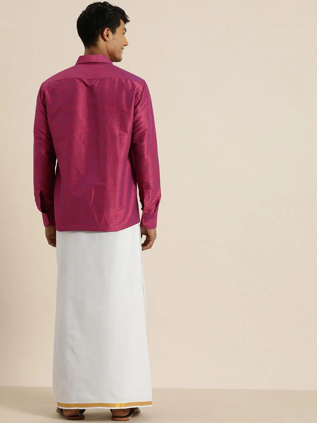 Men's Purple And White Raw Silk Shirt And Mundu - Vastramay