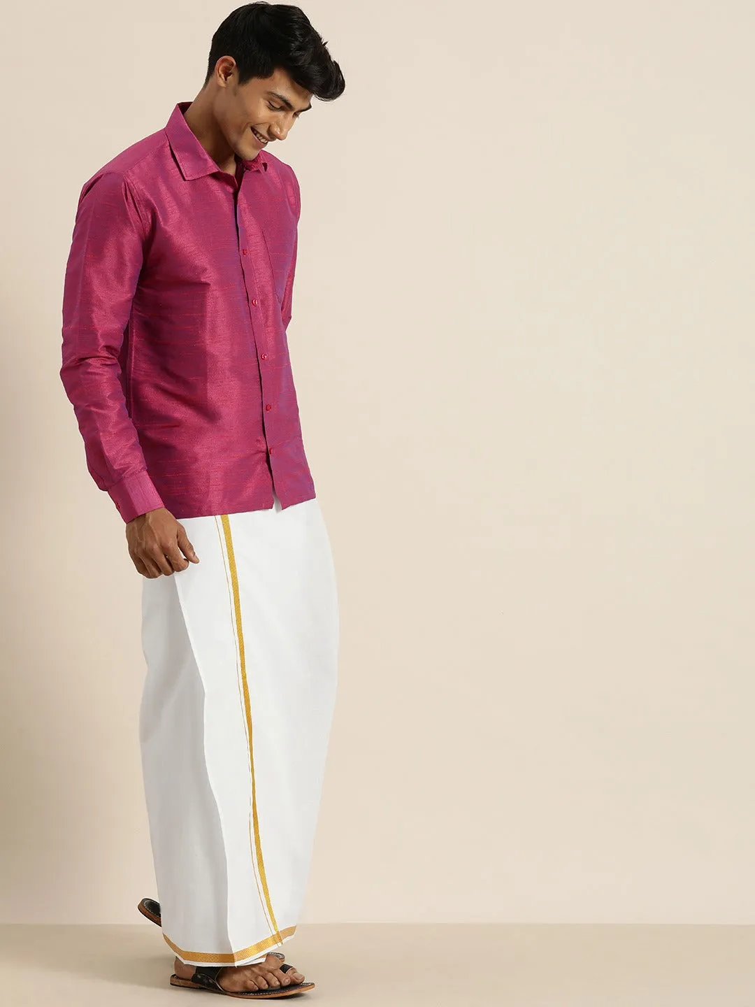 Men's Purple And White Raw Silk Shirt And Mundu - Vastramay