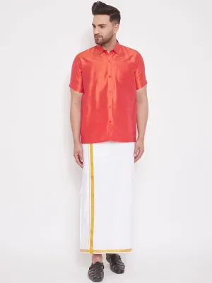 Men's Red And White Silk Blend Shirt And Mundu - Vastramay