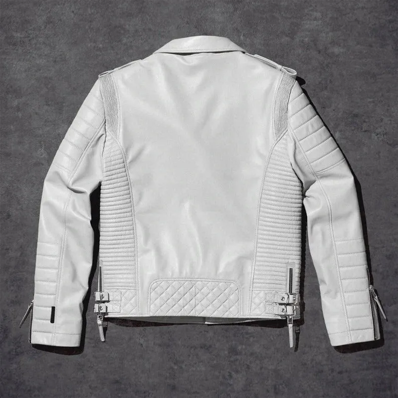 Men's White Biker Leather Jacket - Motorcycle Style White Leather Jacket