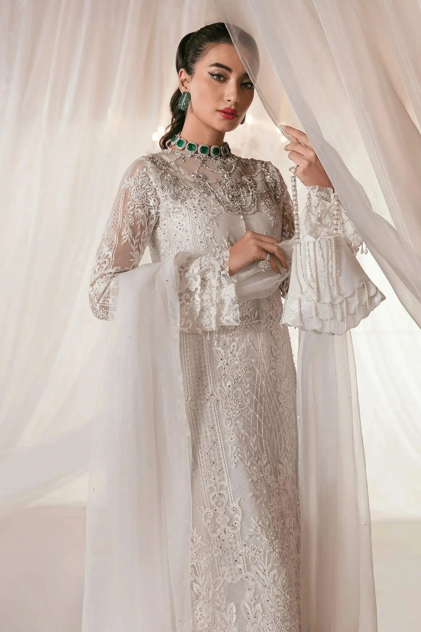 Nilofer Shahid - Pearl White Embroidered Net Shirt and Pure Lace Fabric Pants with Premium Organza Dupatta - Divine Love - 3 Piece