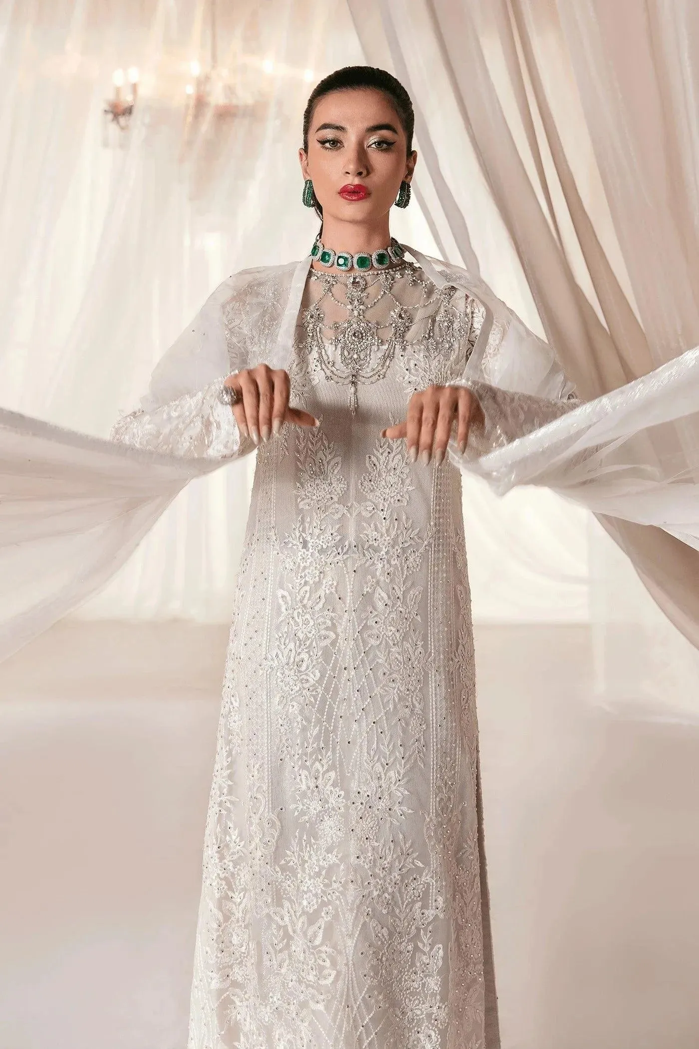 Nilofer Shahid - Pearl White Embroidered Net Shirt and Pure Lace Fabric Pants with Premium Organza Dupatta - Divine Love - 3 Piece