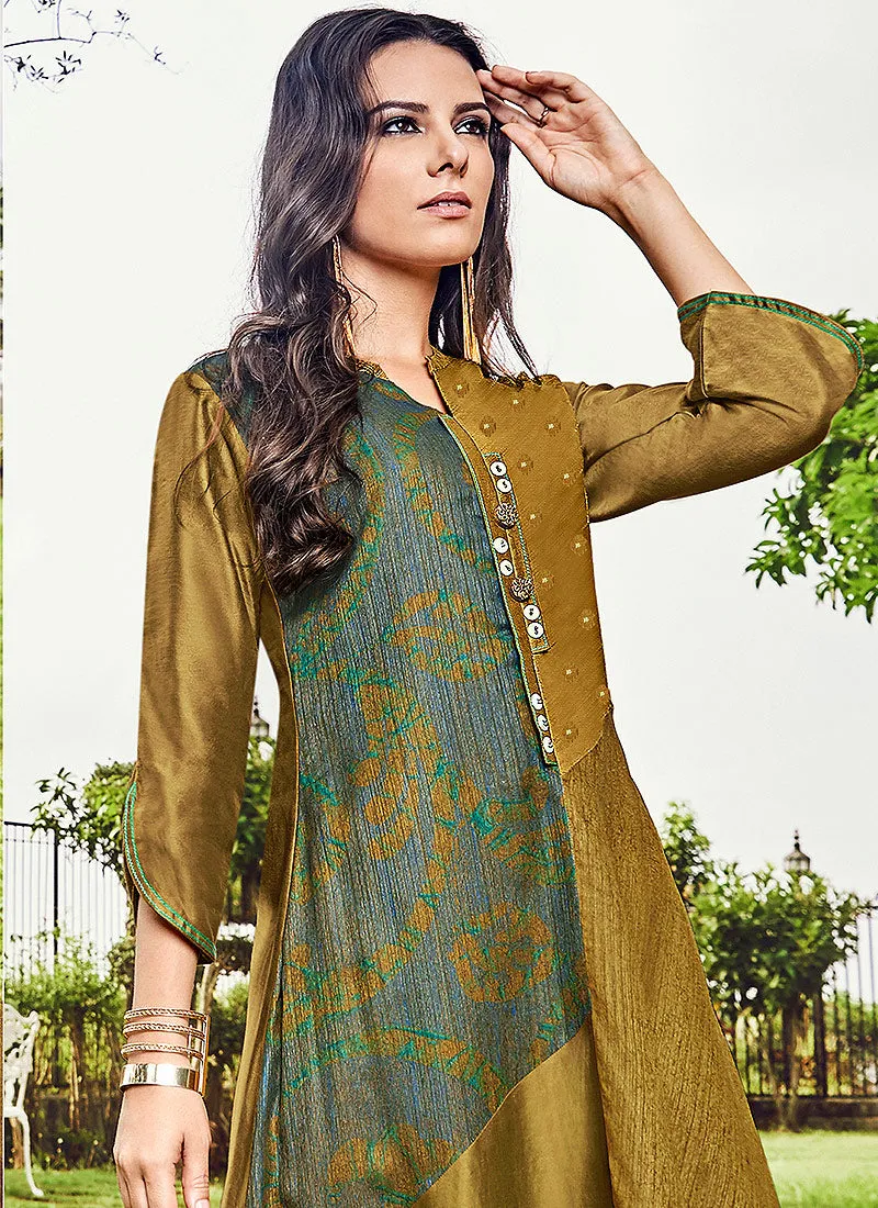 Olive Green Printed And Embroidered Kurti