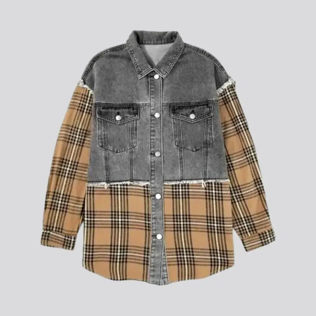 Oversized checkered denim jacket for ladies