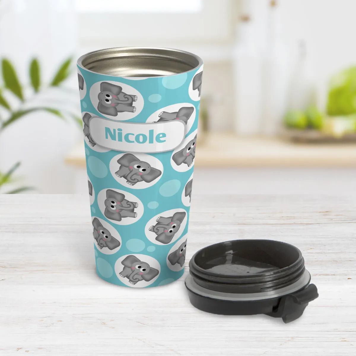 Personalized Cute Turquoise Elephant Pattern Travel Mug