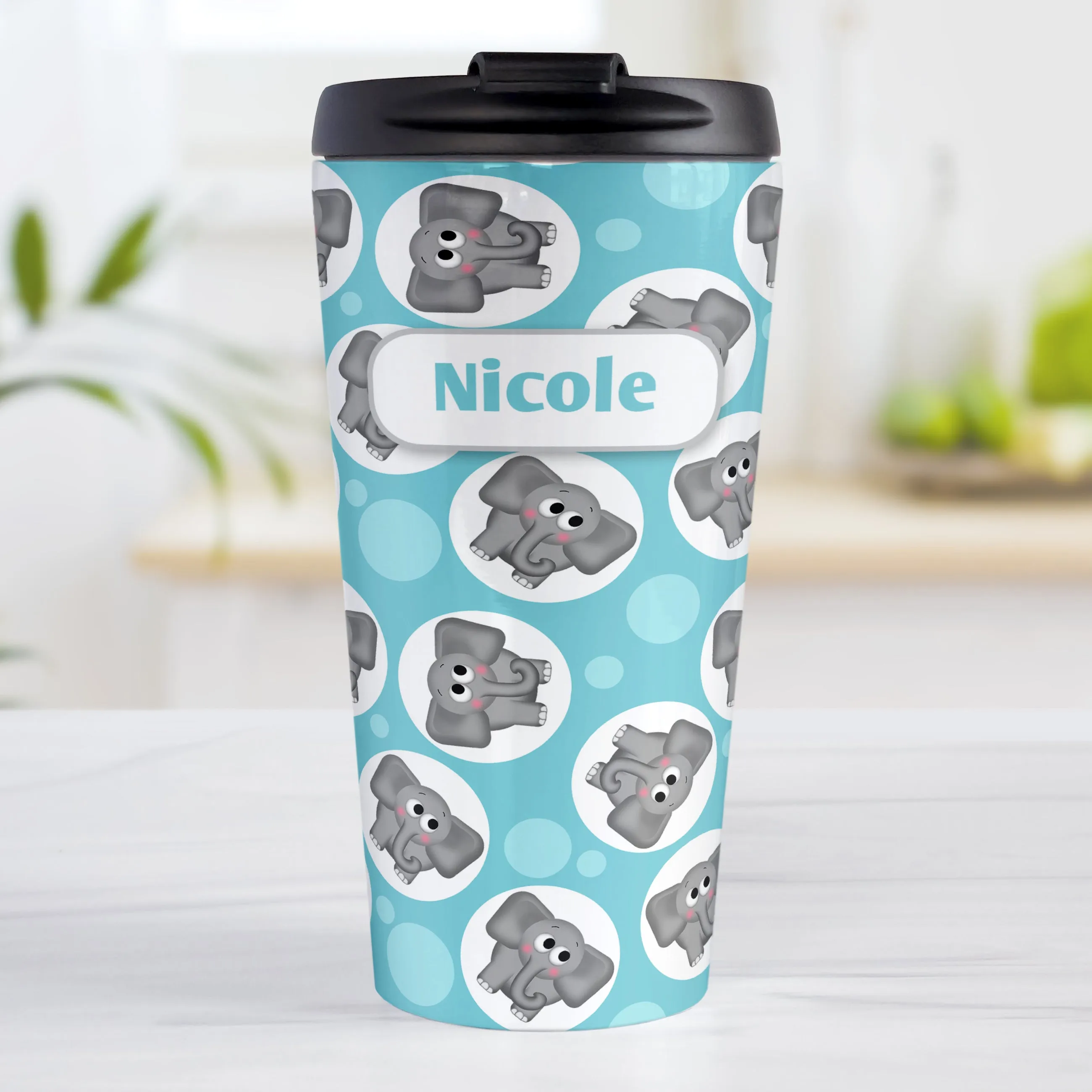 Personalized Cute Turquoise Elephant Pattern Travel Mug