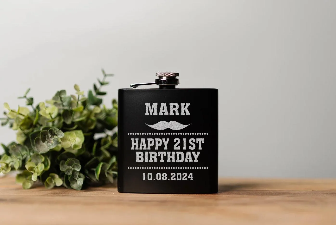 Personalized Mustache Birthday Matte Black Flask