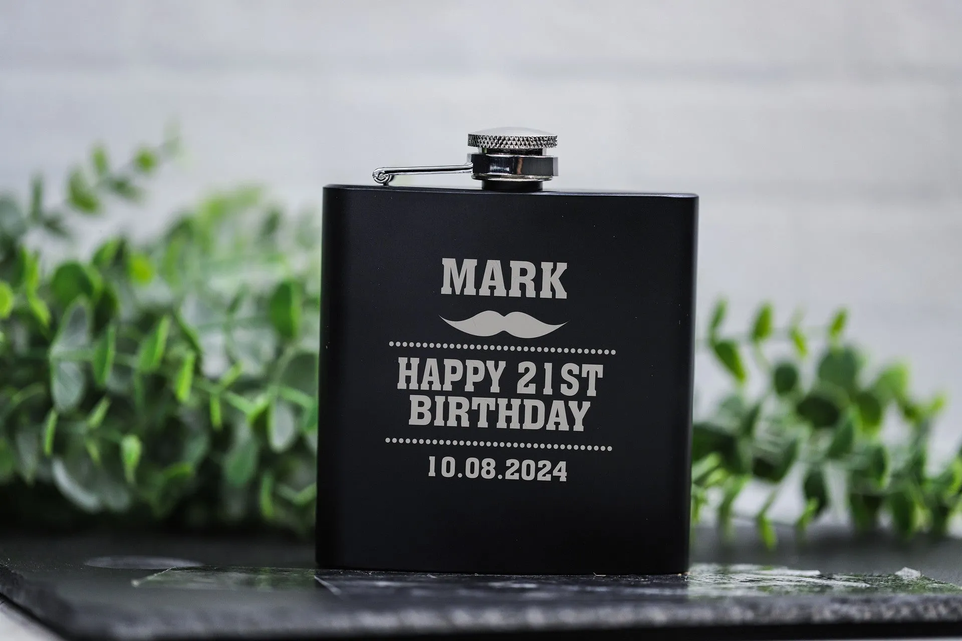 Personalized Mustache Birthday Matte Black Flask