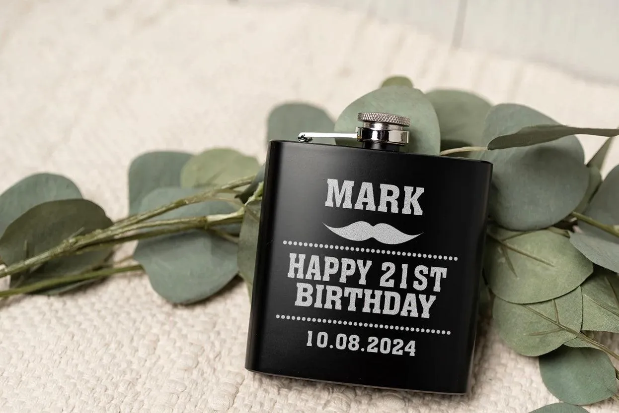 Personalized Mustache Birthday Matte Black Flask