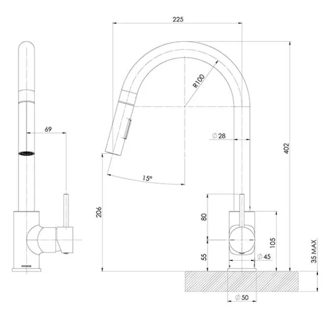 Phoenix Pina Pull Out Sink Mixer Matte Black