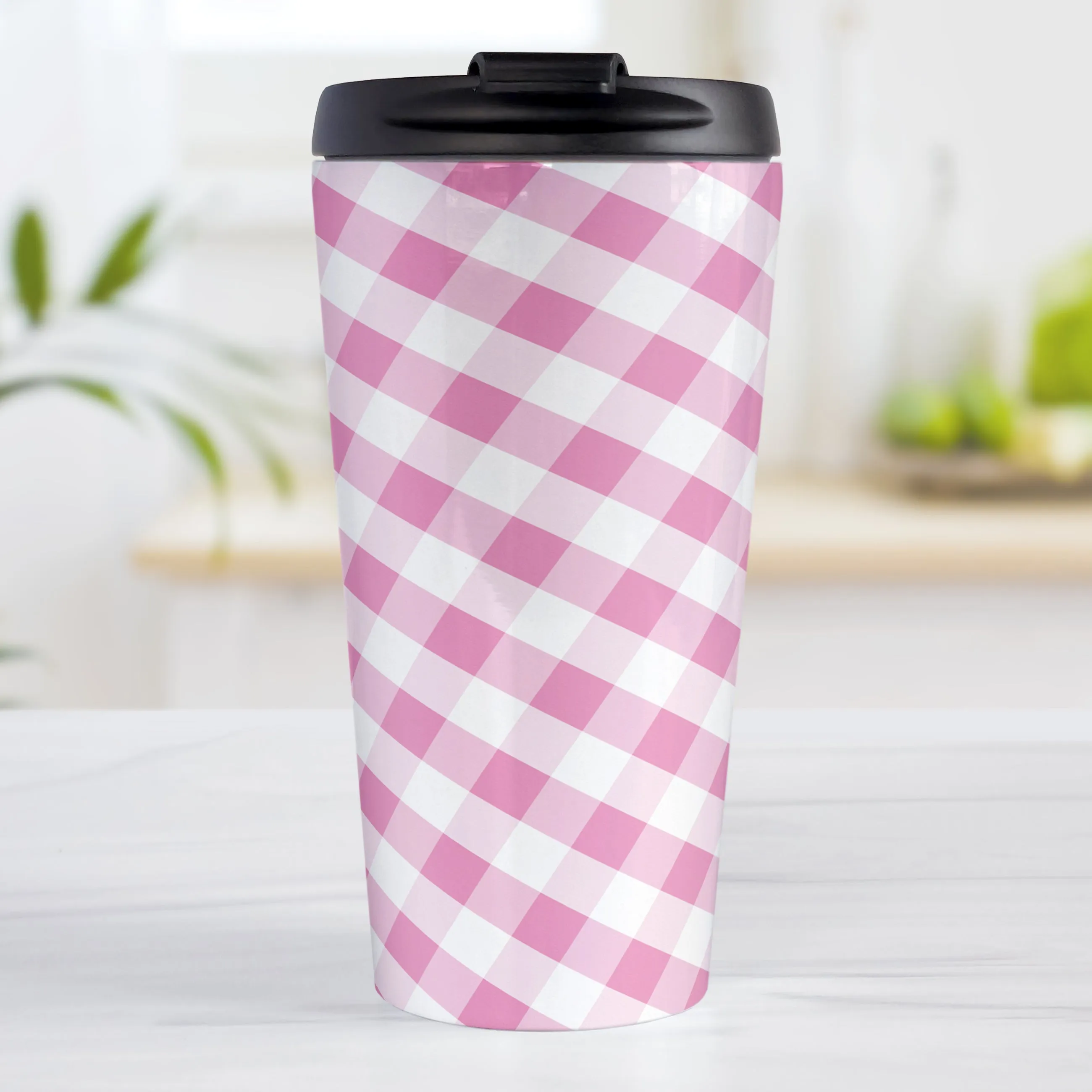 Pink Gingham Travel Mug