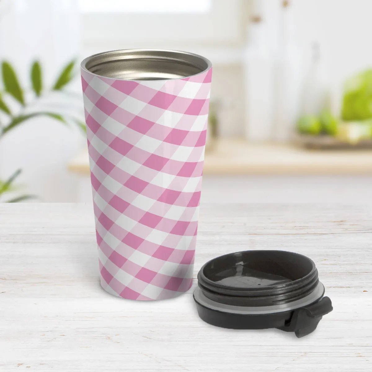 Pink Gingham Travel Mug