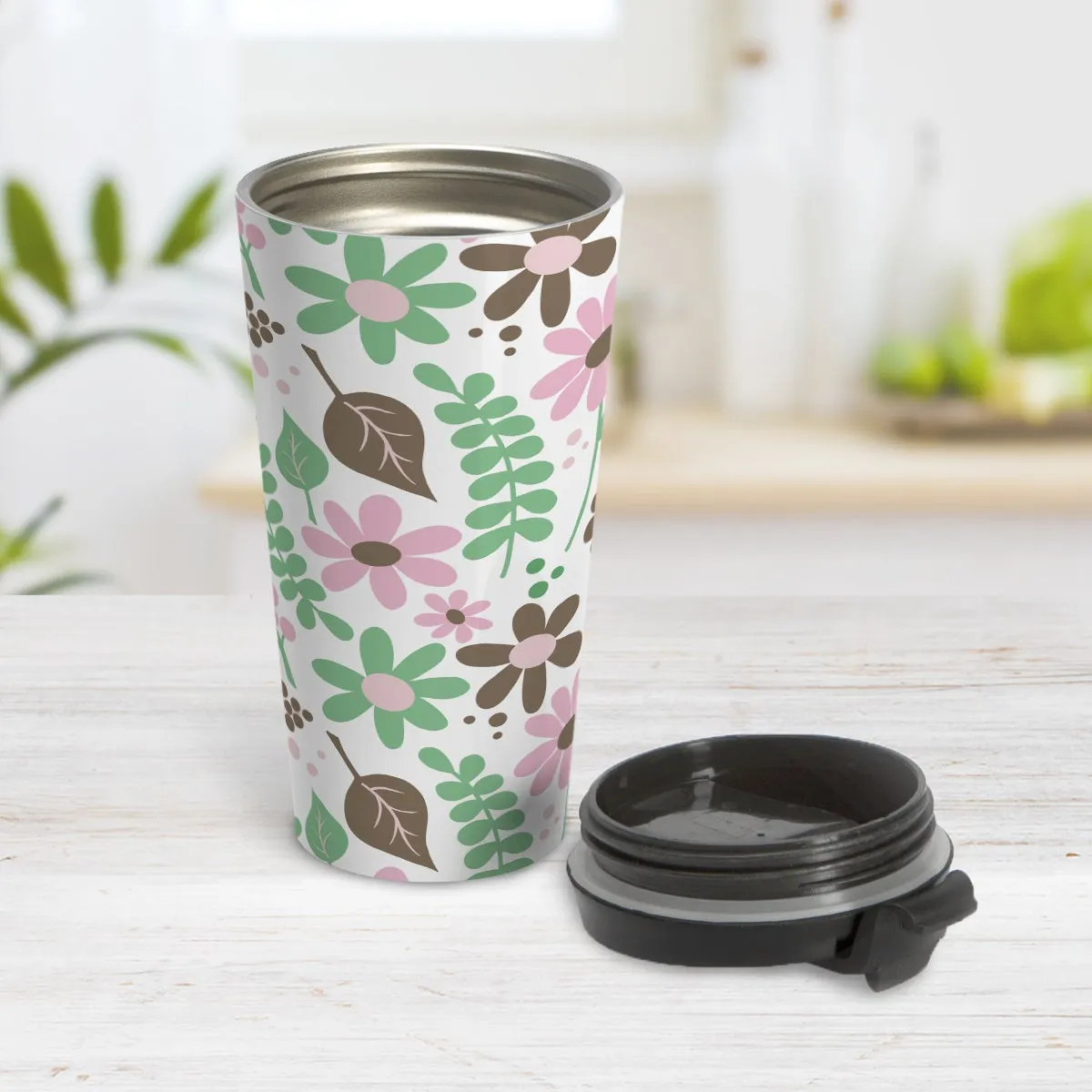 Pink Green Brown Floral Pattern Travel Mug