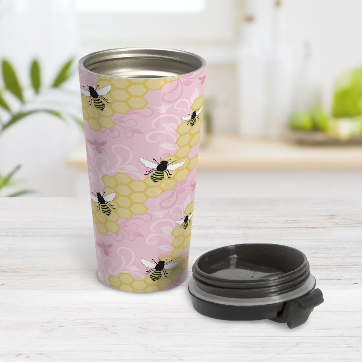 Pink Honeycomb Bee Travel Mug