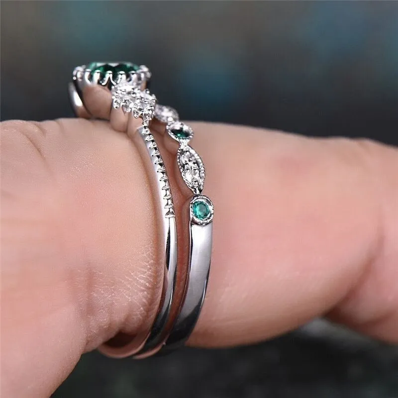 Romantic Jewelry 2Pcs/Set Green Princess Cut Cubic Zircon Couple Rings