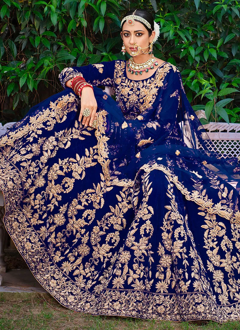 Royal Blue Cording Zari Embroidery Wedding Lehenga Choli