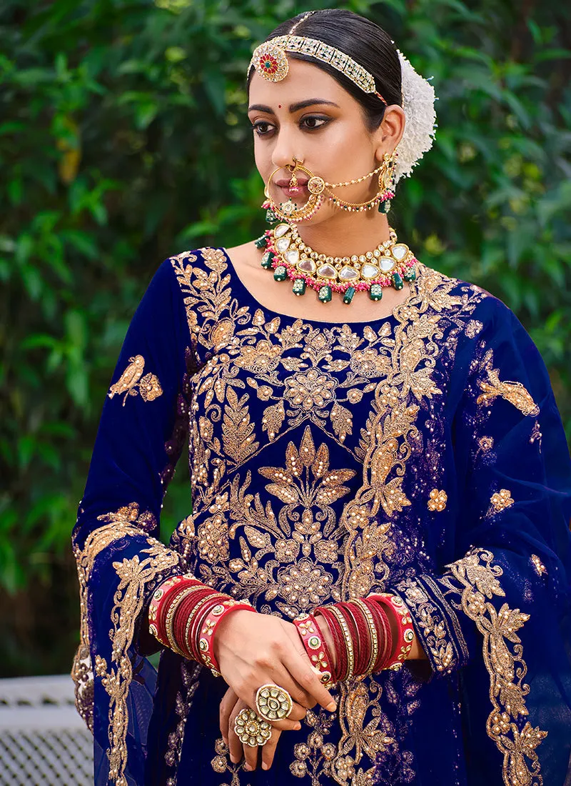 Royal Blue Cording Zari Embroidery Wedding Lehenga Choli