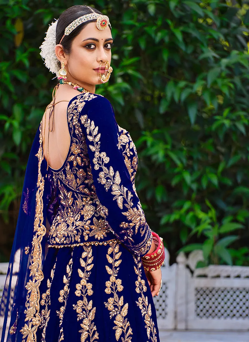 Royal Blue Cording Zari Embroidery Wedding Lehenga Choli