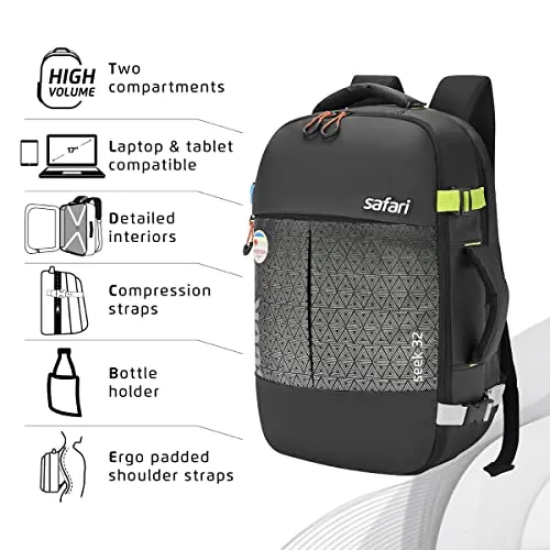 Safari Seek 32 Ltrs Large Overnighter Travel Laptop Backpack, Water Resistant Spacious Bag for Travelling and Camping, All-Purpose Bag for Business & Leisure- Black