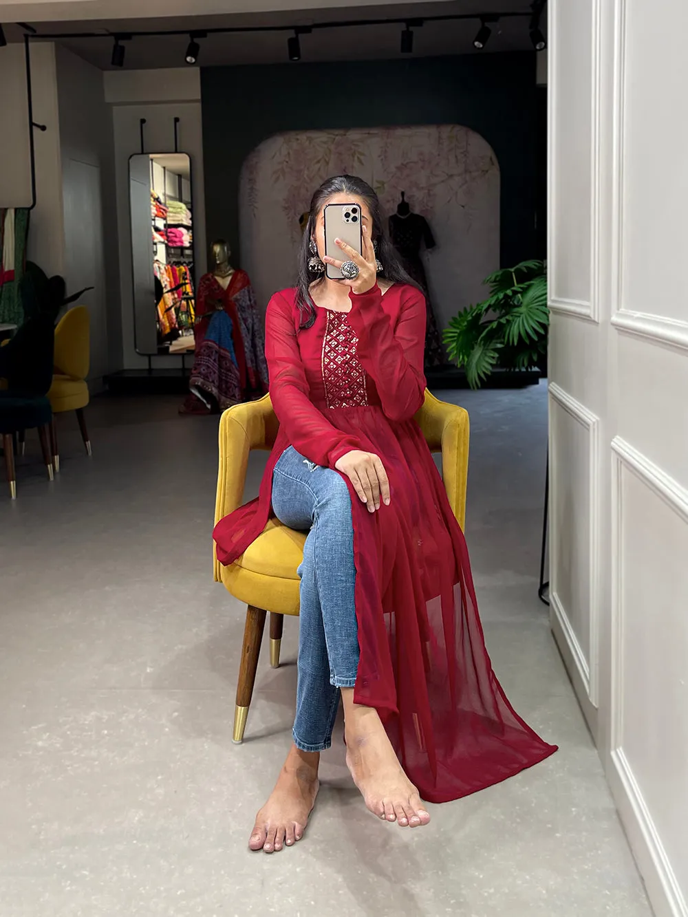 Shimmering Sequin Red Embroidered Naira Style Kurti