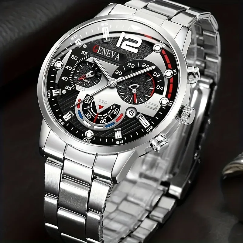 Stylish Mens Quartz Watch  Stainless Steel Bracelet Set Perfect Gift