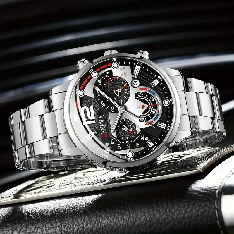 Stylish Mens Quartz Watch  Stainless Steel Bracelet Set Perfect Gift