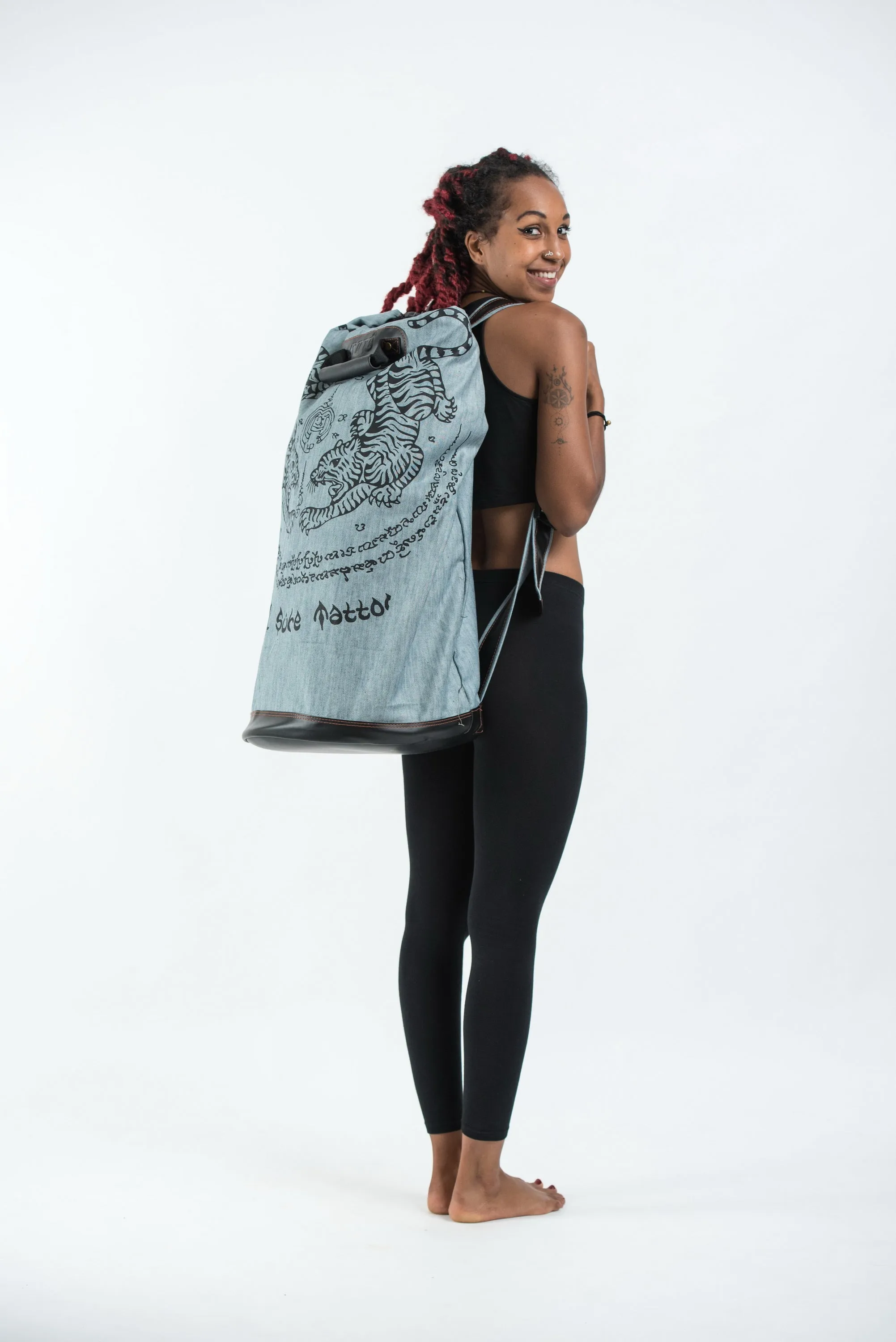 Thai Tattoo Denim Oversize Backpack in Denim Blue