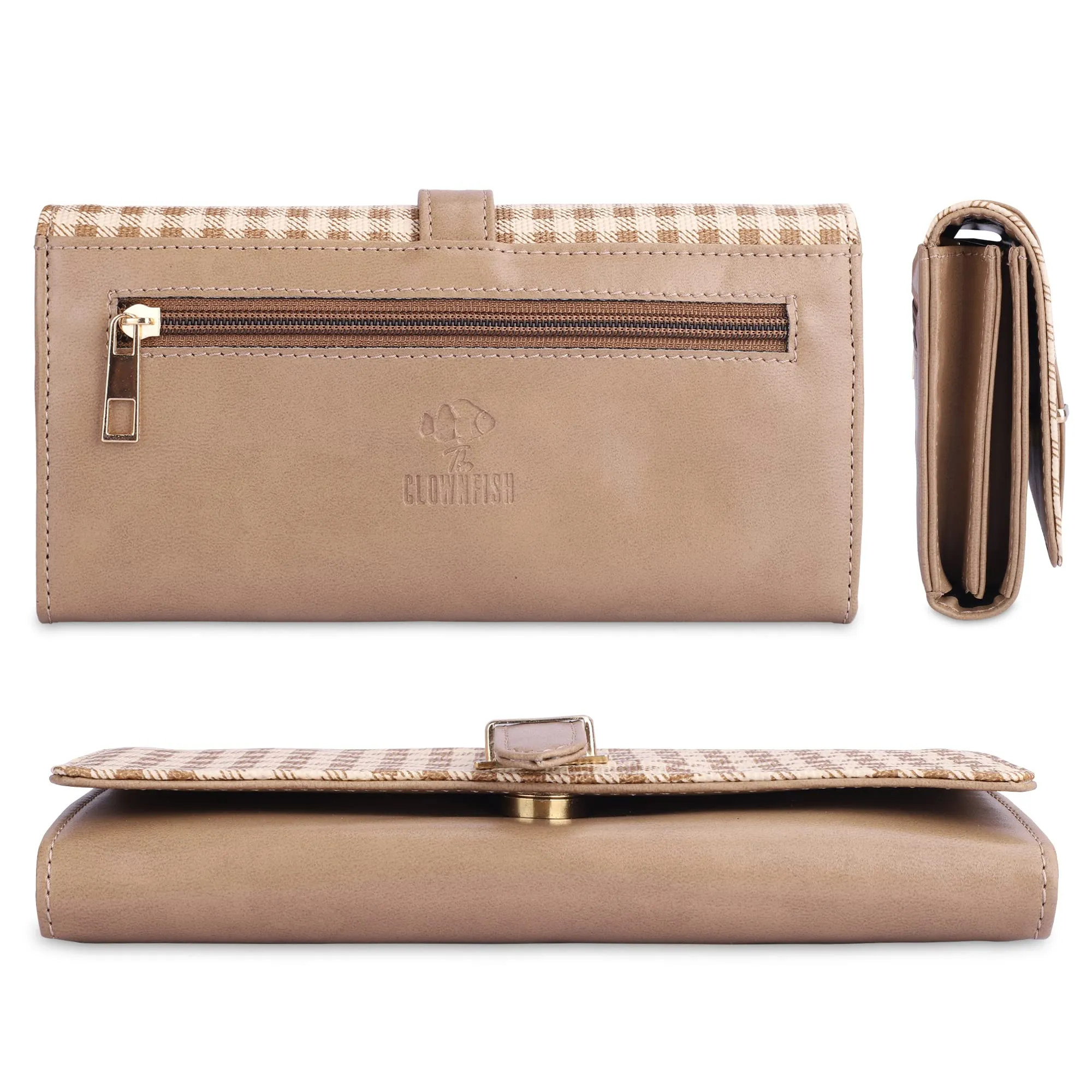 THE CLOWNFISH Dhanvi Collection PVC Checks Design Snap Flap Closure Womens Wallet Clutch Ladies Purse with Multiple Card Holders (Light Brown)